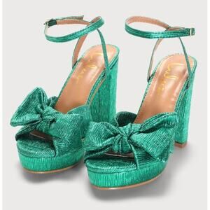Lulus Lilsa Green Metallic Bow Platform Ankle Strap Heels Size 8.5